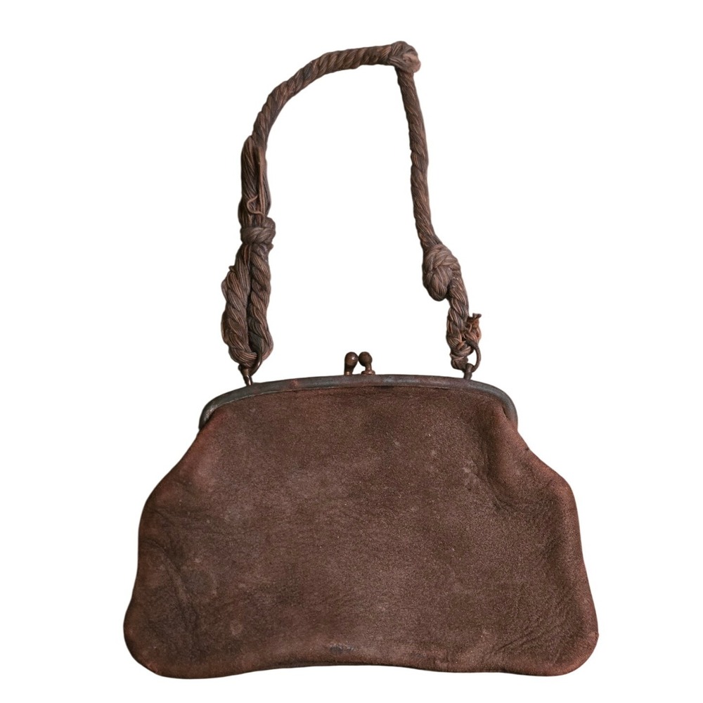 Antique 1920s Primative Brown Suede Leather Kiss‎ Lock Coin Purse Cord Handle